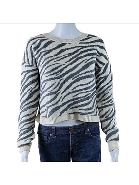 Yes Lola Grey & Cream Zebra Print Knit  Crew Neck Cropped Pullover Sweater